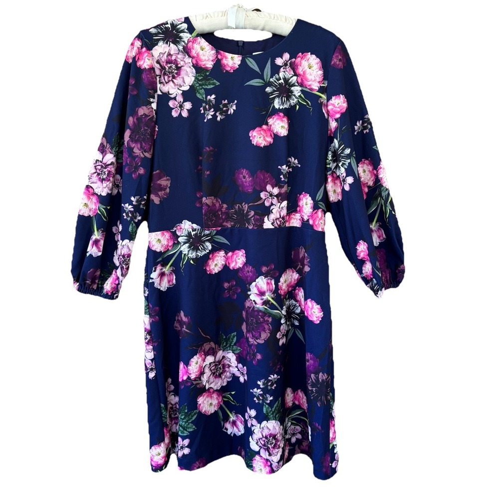 Eliza J Dark Blue Floral Dress Women's 12 Long Sleeve Special Occasion Easter‎